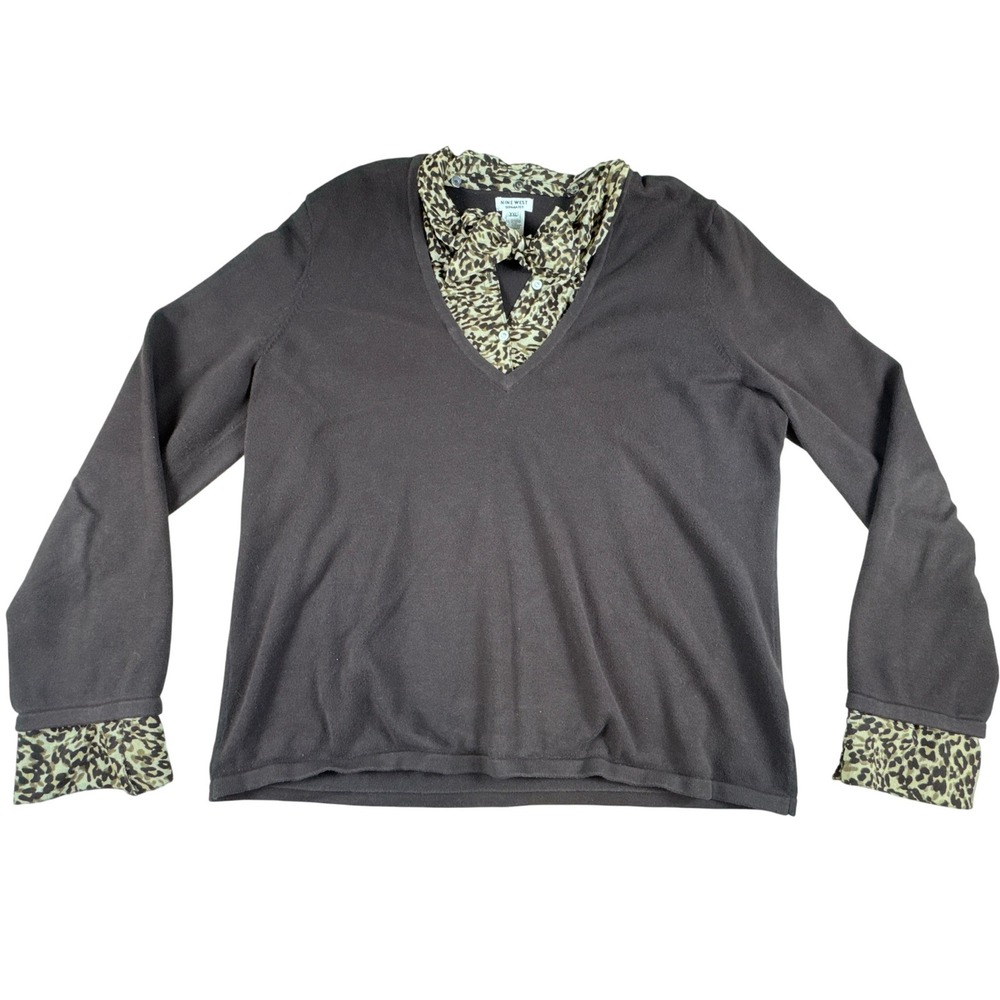Nine West Sweater Women's XXL Brown Leopard Print Neck Tie Scarf‎ Preppy Office